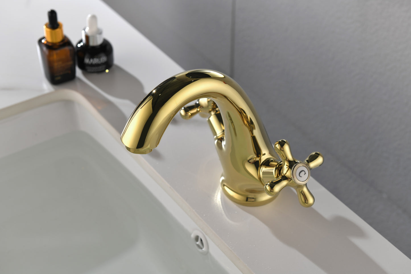 Bathroom Sink Faucet 2 Cross Knobs Gold Polish with Cover Plate Single Hole Vanity Vessel Sink Basin Cold and Hot Water Deck Mounted