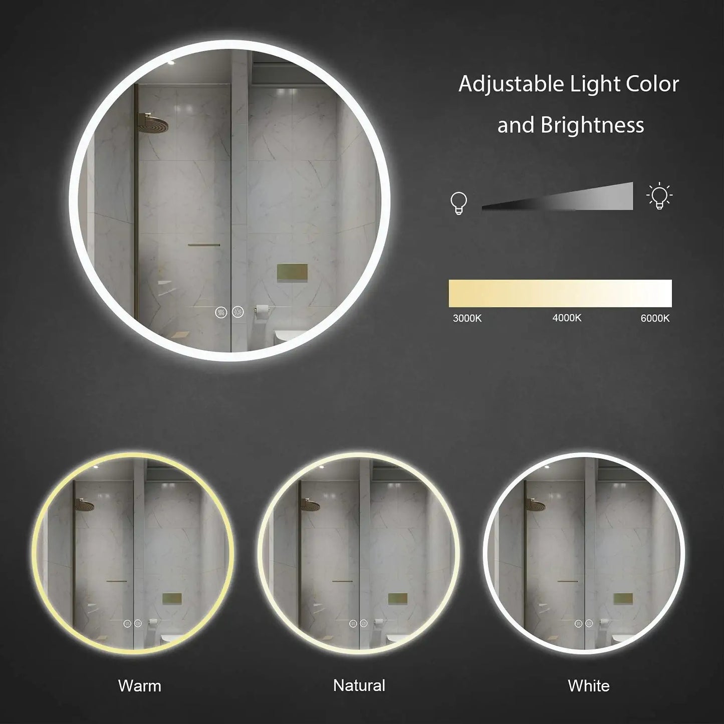 24 in. to 32 in. LED Round Frameless Anti-Fog Bathroom Mirror Front Light