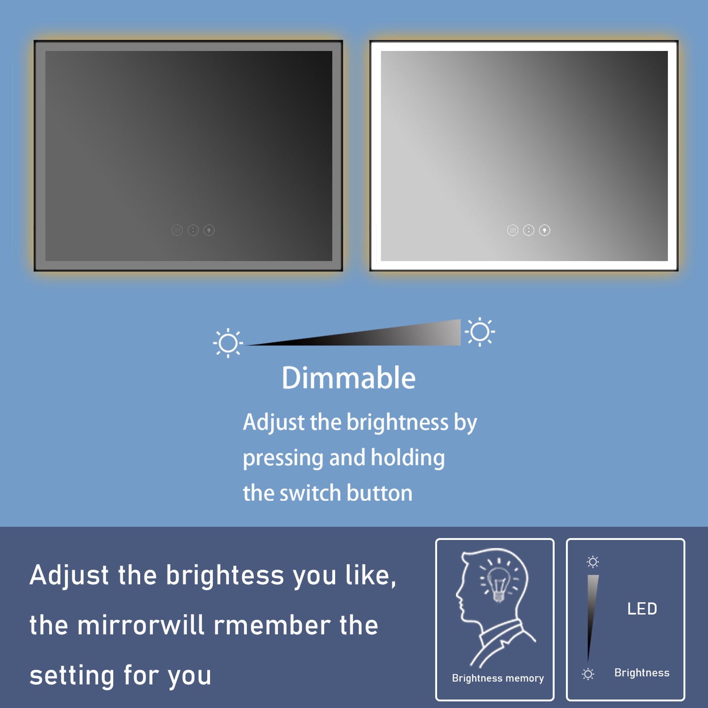 36'' W x 24'' H LED Bathroom Mirror, Fog Free, Dimmable, Black Frame, Front Light & Backlit