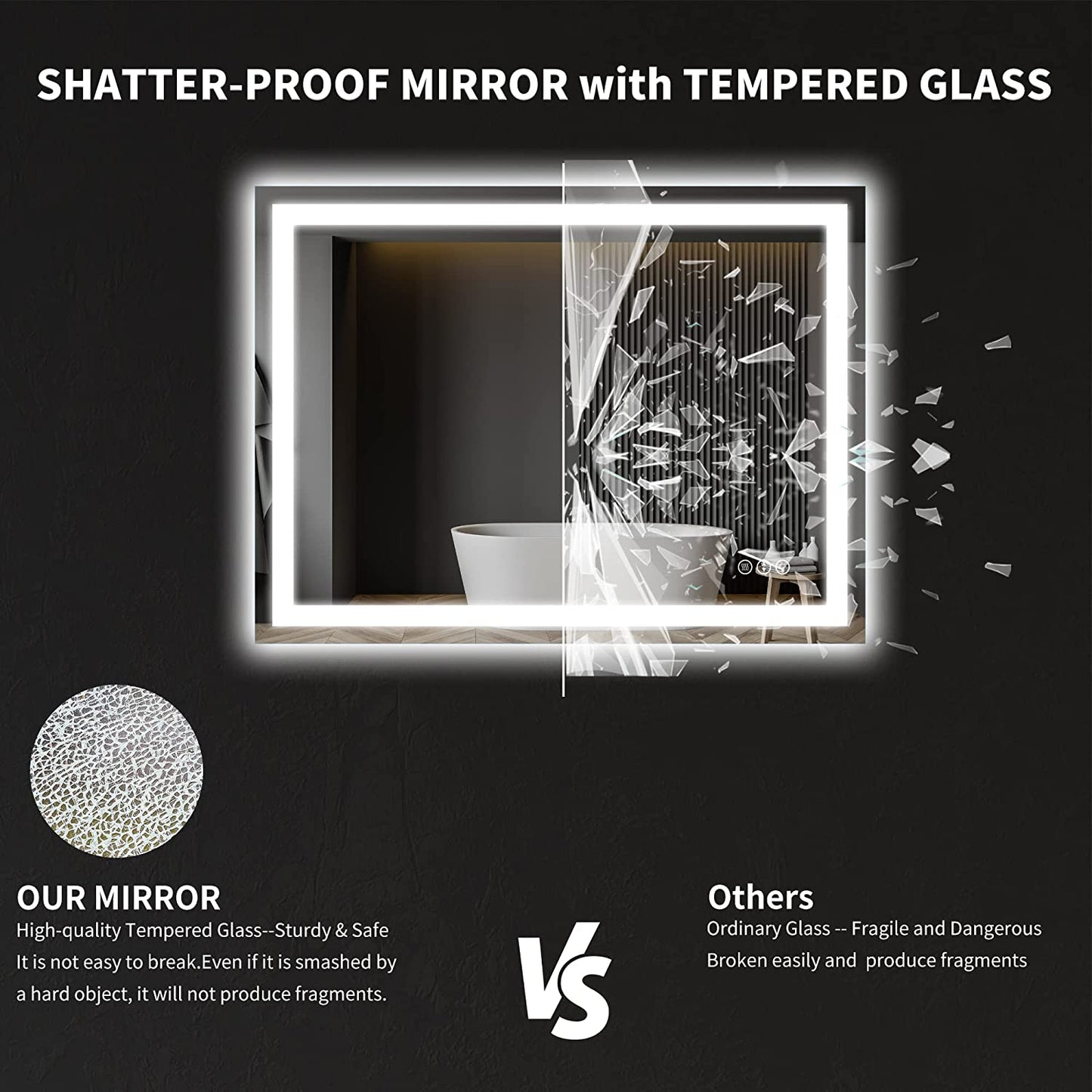 48 in. W x 36 in. H LED Rectangular Frameless Anti-Fog Bathroom Mirror Front & Backlit