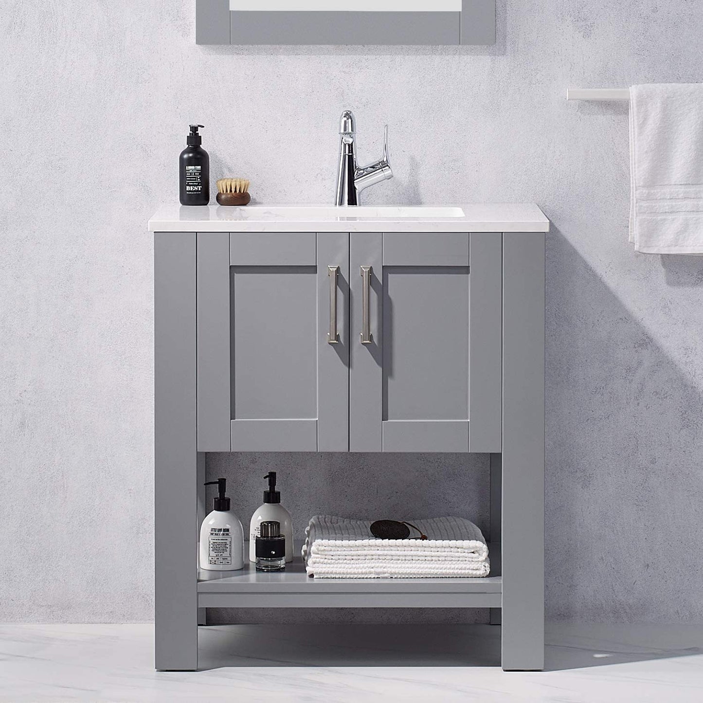 30 Inch Gray Bathroom Vanity with Sink&Cabinet, Modern Bathroom Sink Vanity with Marble Countertop and White Ceramic Sink