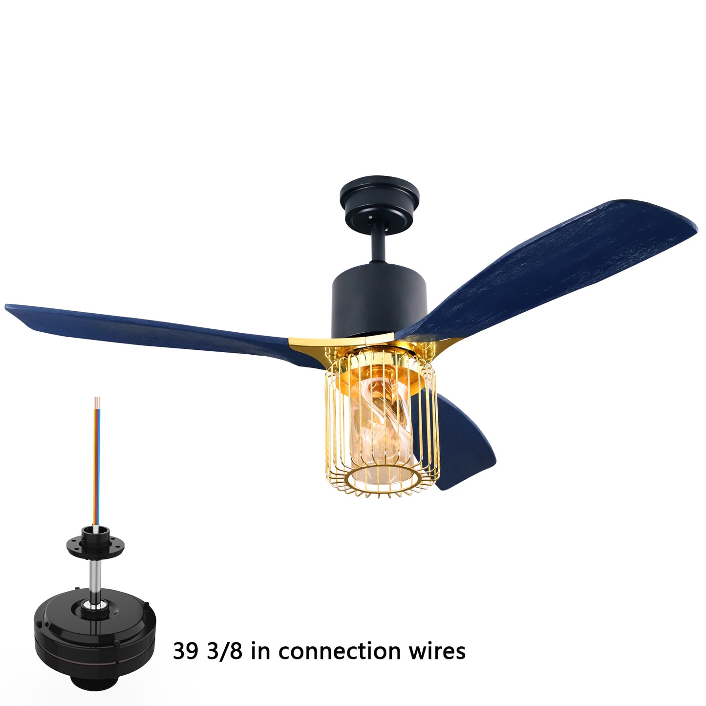 52" Indoor Solid Wood Matte Black Bright Gold Morden Ceiling Fan With Light And Remote Control