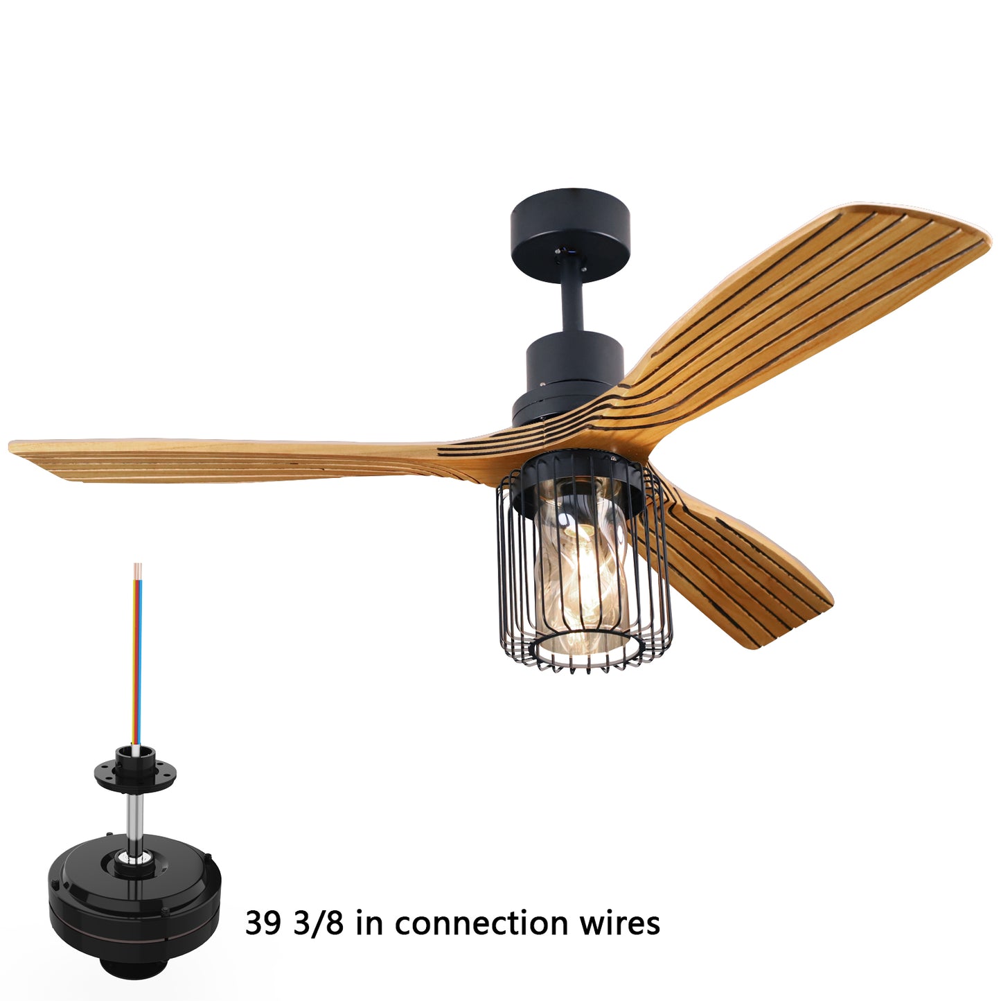 52" Indoor Solid Wood Matte Black Cage Shade Retro Ceiling Fan With Light With Remote Control