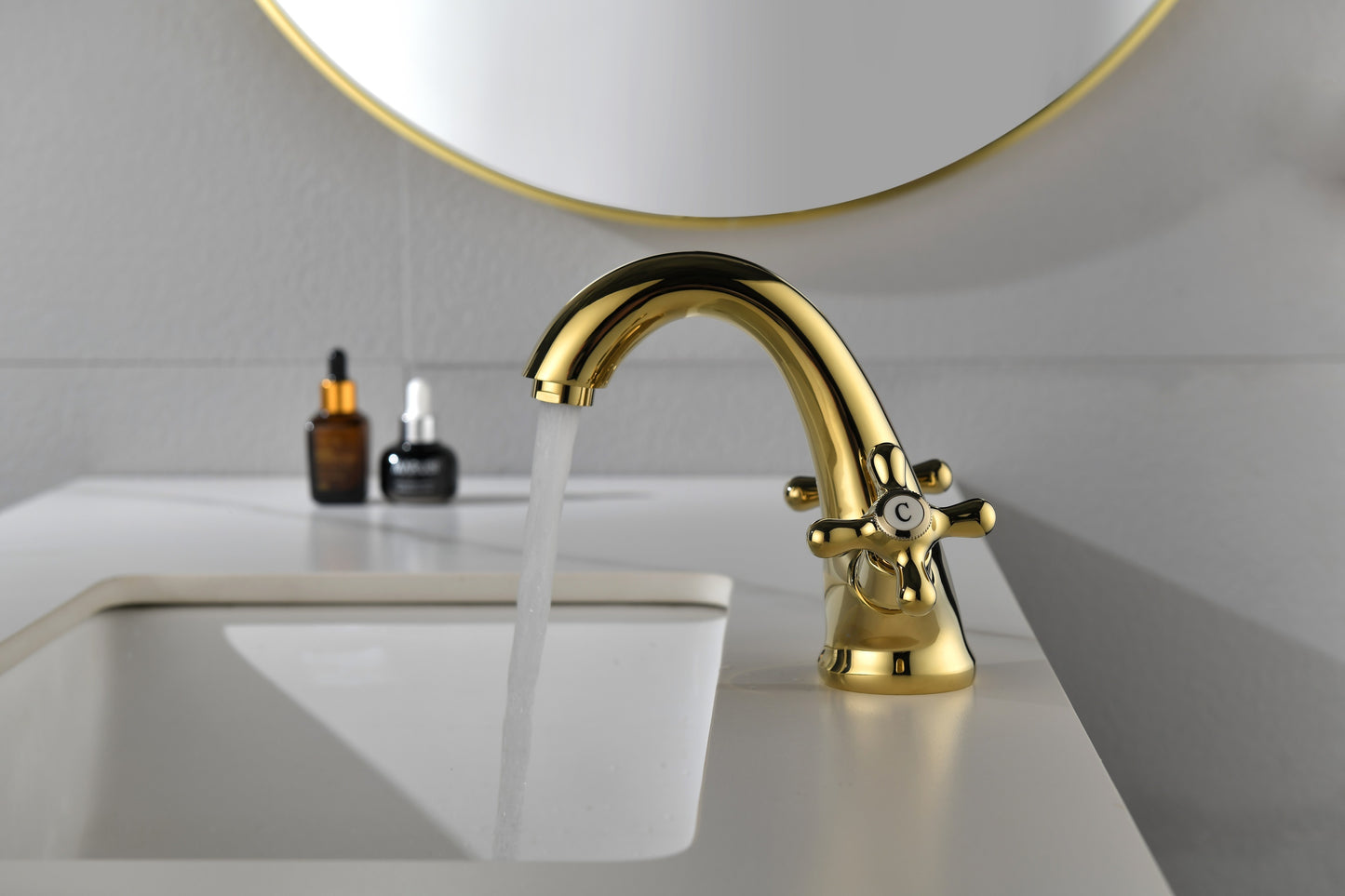 Bathroom Sink Faucet 2 Cross Knobs Gold Polish with Cover Plate Single Hole Vanity Vessel Sink Basin Cold and Hot Water Deck Mounted