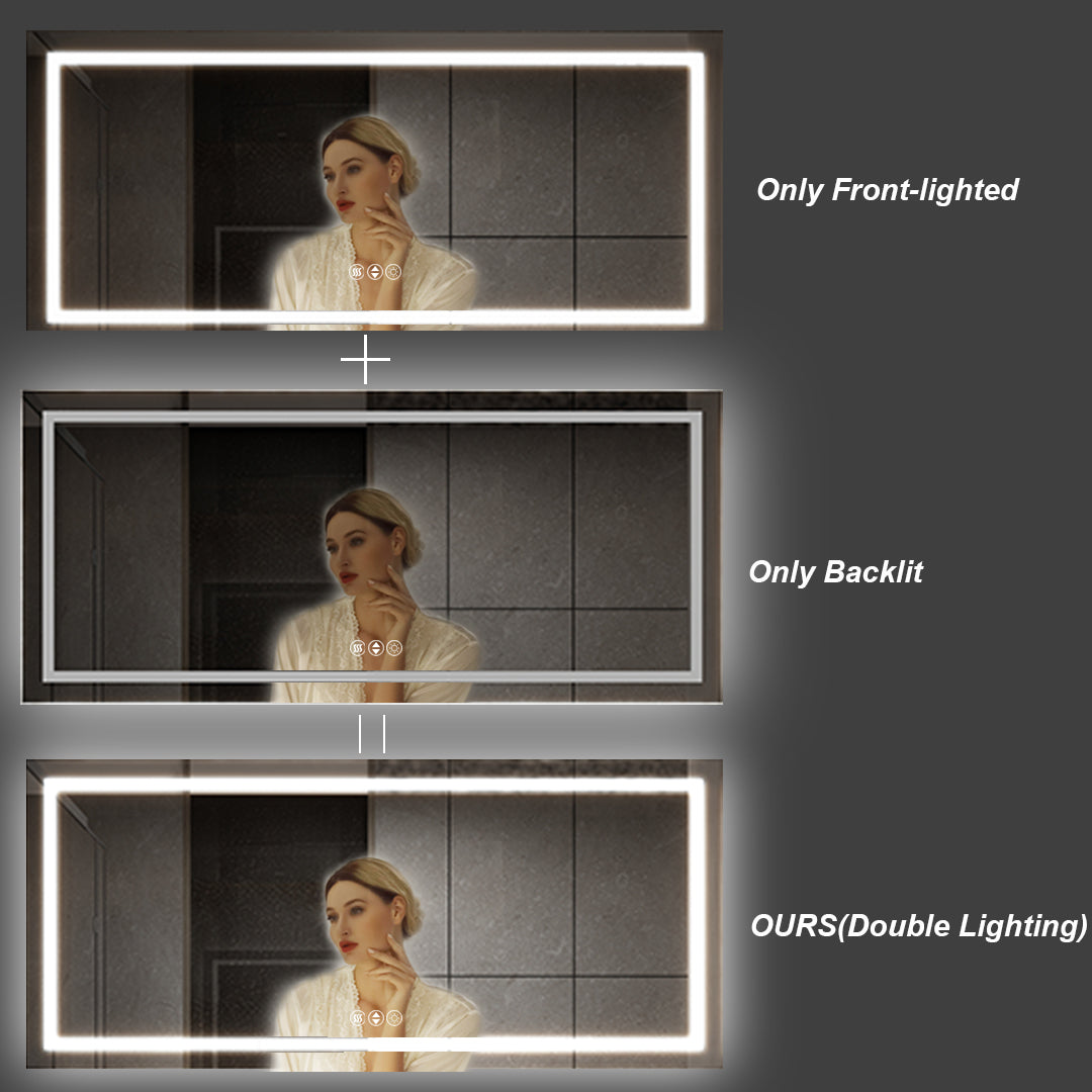 72 in. W x 36 in. H LED Large Rectangular Frameless Anti-Fog Bathroom Mirror Front & Backlit
