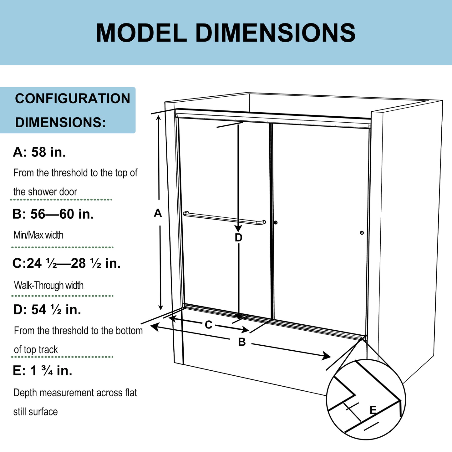 60 in. W x 58 in. H Sliding Frameless Shower Door Black Clear Glass