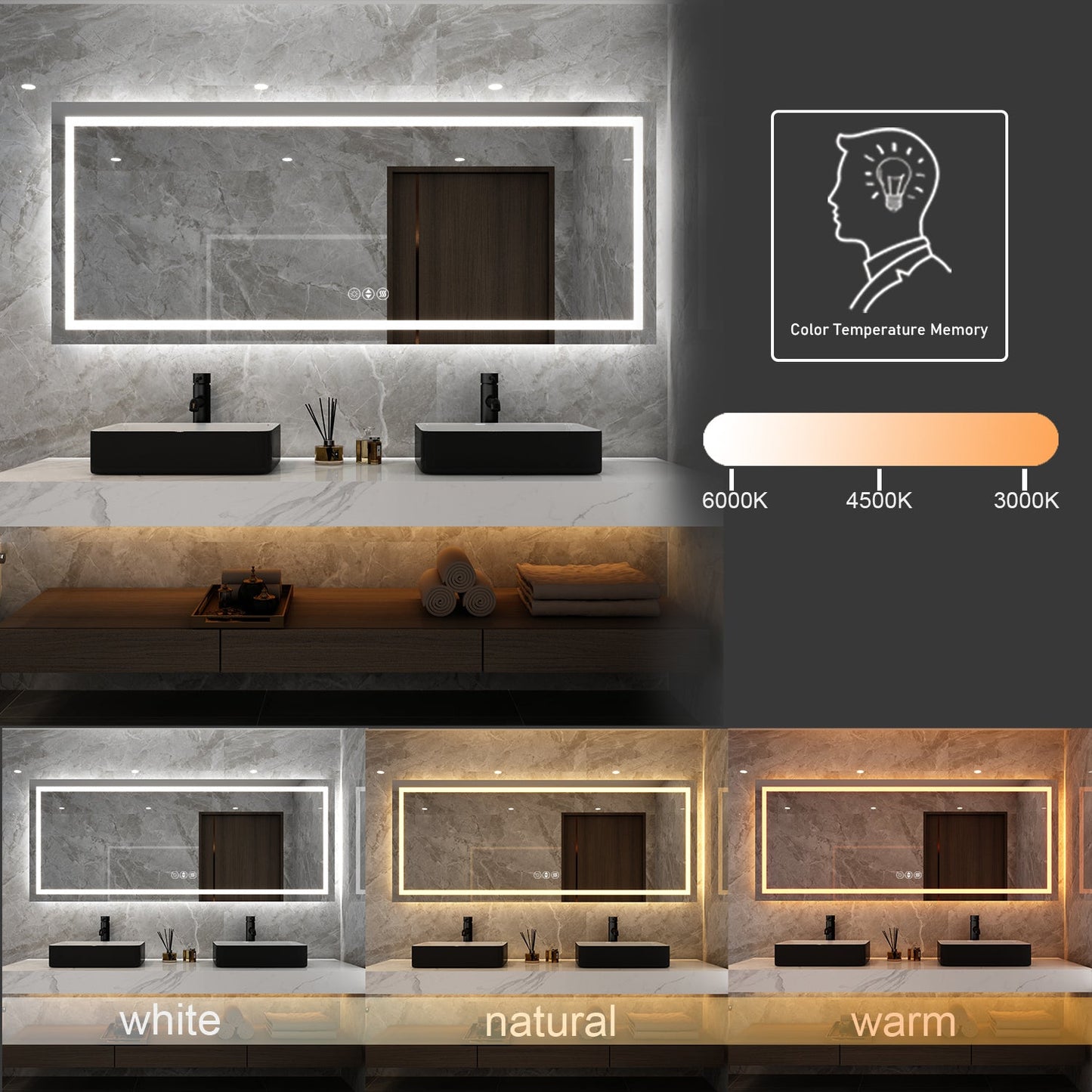 60 in. W x 28 in. H LED Large Rectangular Frameless Anti-Fog Bathroom Mirror Front & Backlit