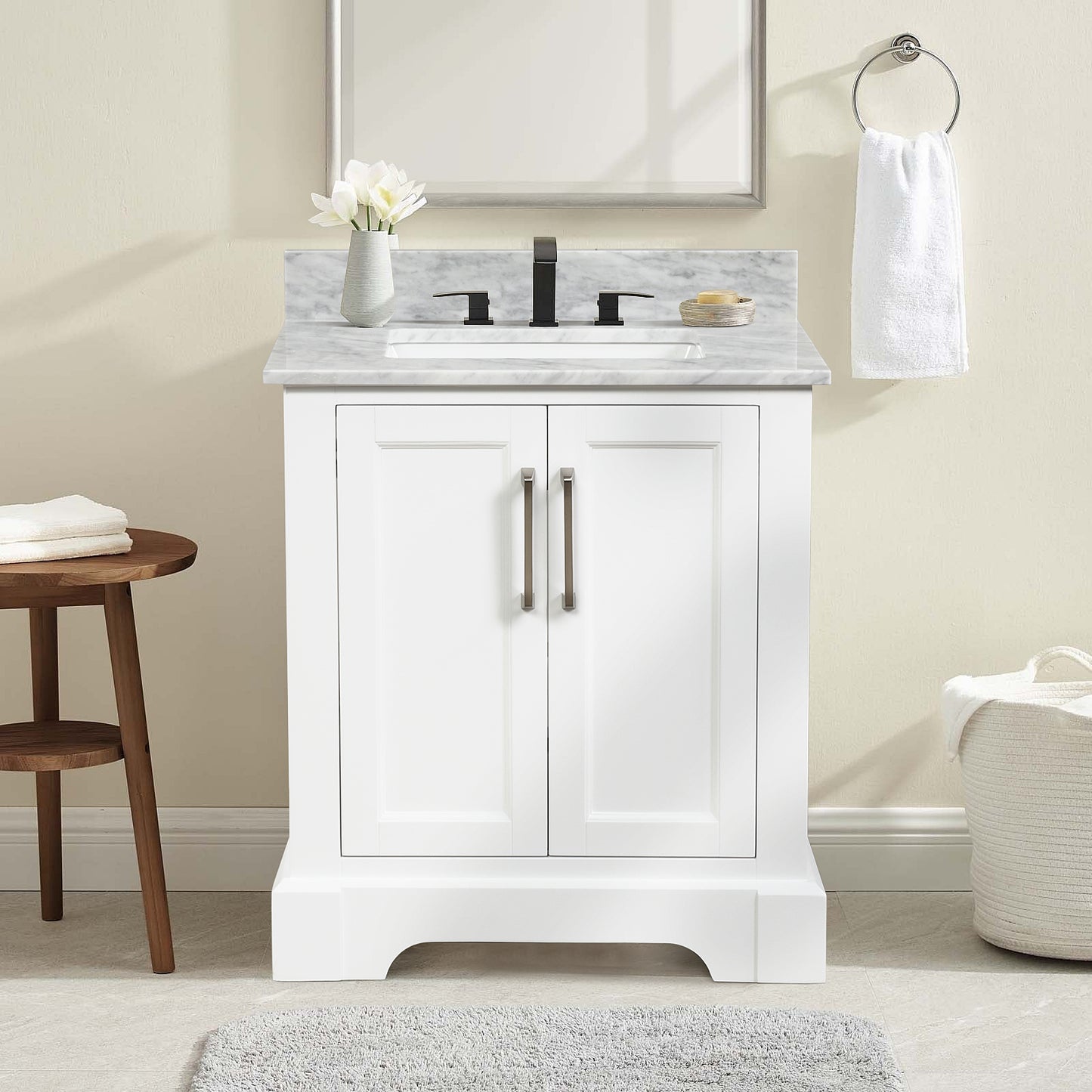 30 Inch Single Solid Wood Bathroom Vanity Set, with Drawers, Carrara White Marble Top, 3 Faucet Hole