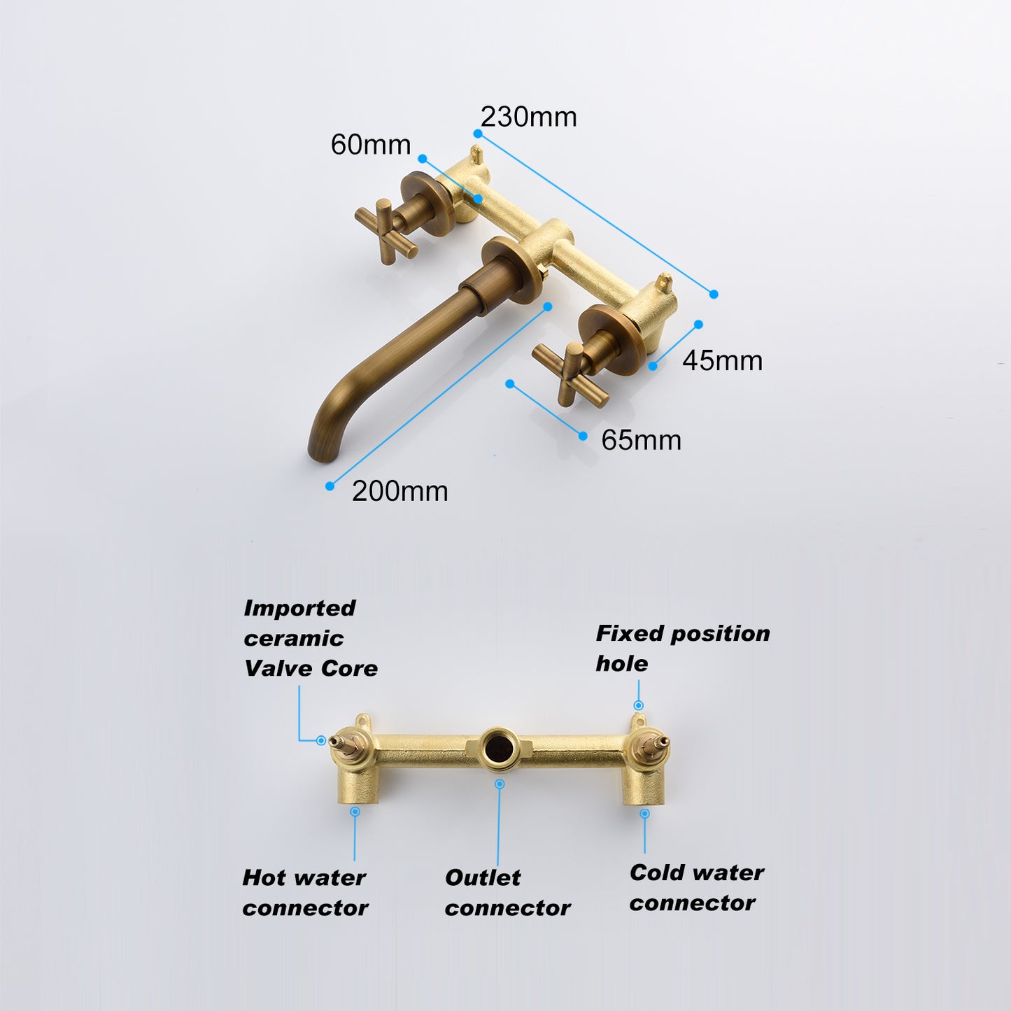 Wall Mounted Bathroom Faucet Vessel Sink Lavatory Basin Brass 2 Dual Double Cross Handles Knobs