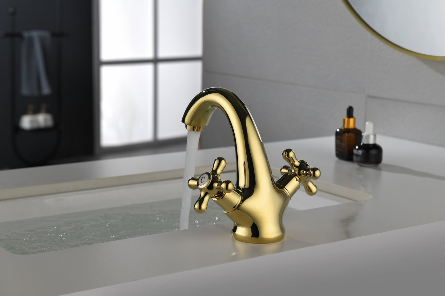 Bathroom Sink Faucet 2 Cross Knobs Gold Polish with Cover Plate Single Hole Vanity Vessel Sink Basin Cold and Hot Water Deck Mounted
