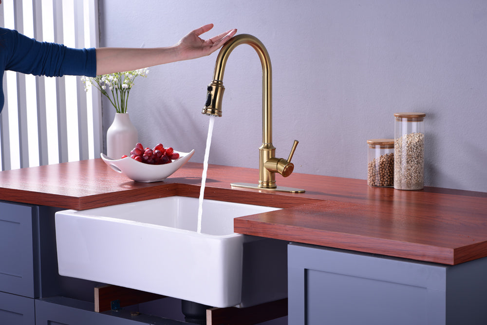 Pull Down Bridge Kitchen Sink Faucet Solid Brass Dual Lever Handles Brushed Gold