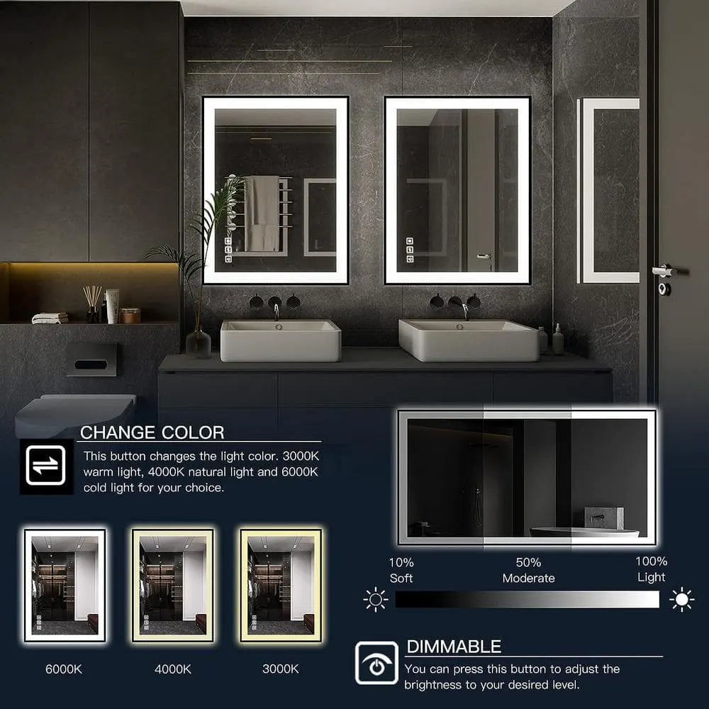 60'' W x 36'' H LED Bathroom Mirror, Fog Free, Dimmable, Black Frame, Front Light & Backlit