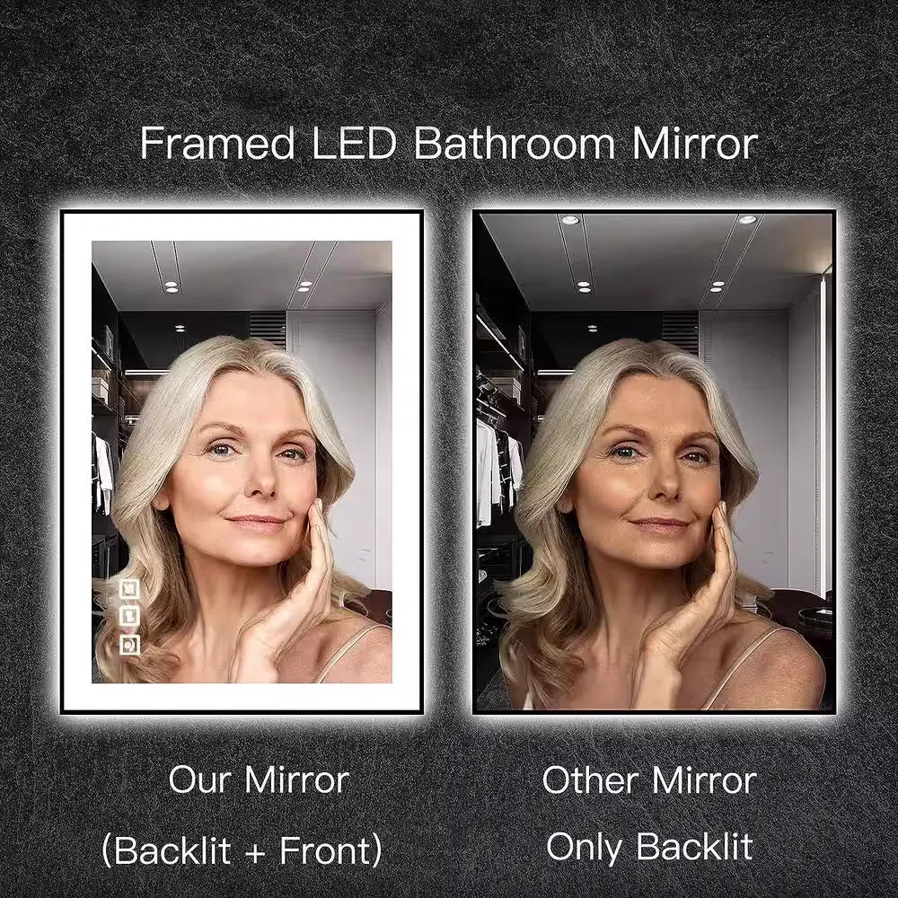 60'' W x 36'' H LED Bathroom Mirror, Fog Free, Dimmable, Black Frame, Front Light & Backlit