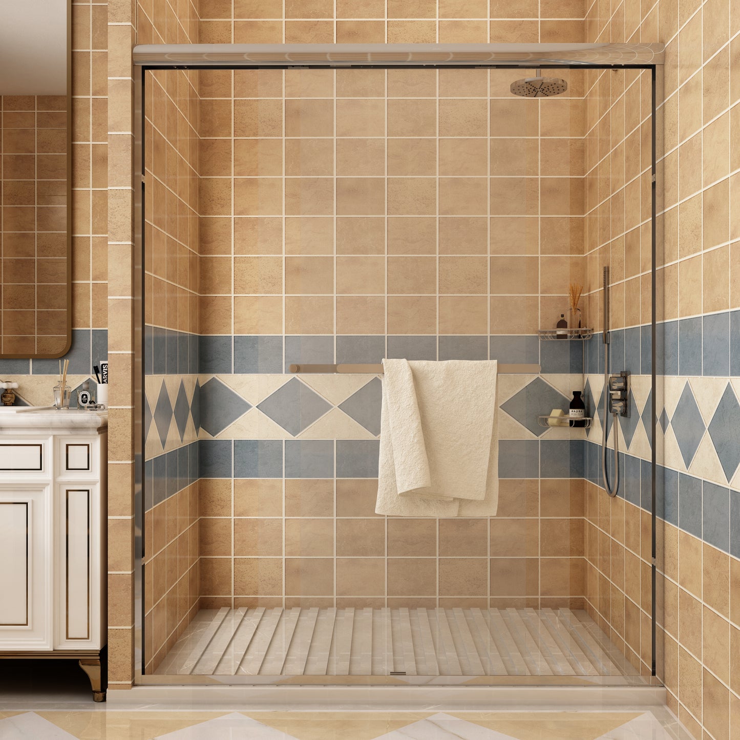 Toolkiss 56’’ to 60’’W x72’’H Semi Frameless Sliding Shower Door, Brush Nickel, Clear Glass