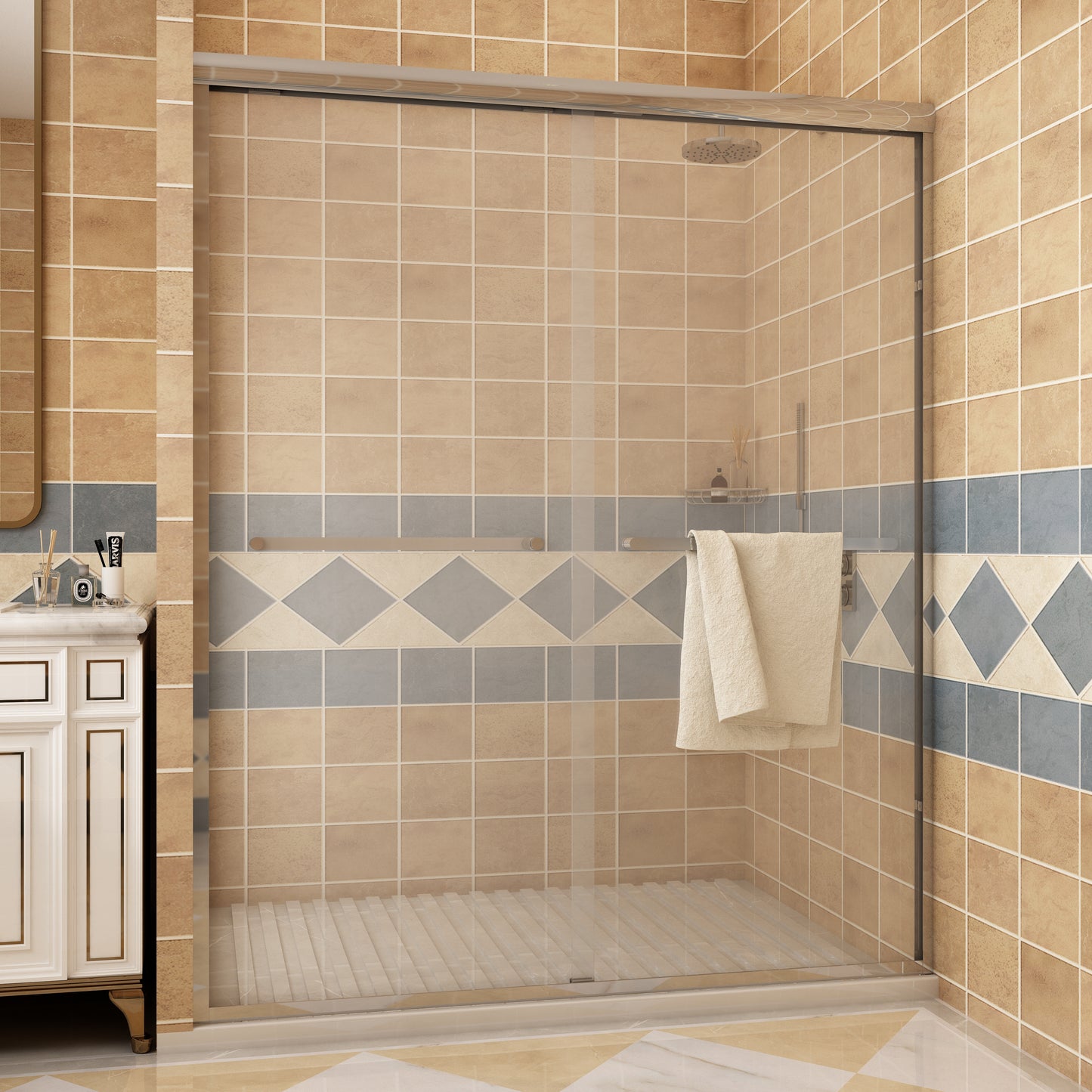 Toolkiss 56’’ to 60’’W x72’’H Semi Frameless Sliding Shower Door, Brush Nickel, Clear Glass