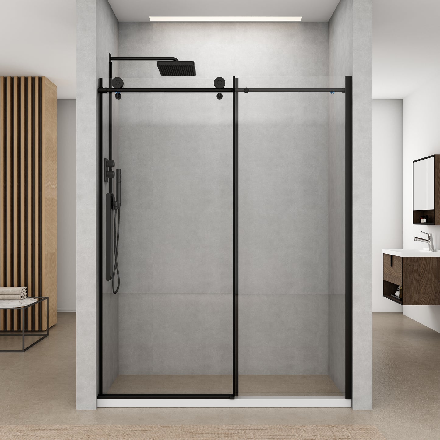 57-60 in. W x 76 in. H Sliding Semi-Frameless Shower Door Matte Black Clear Glass