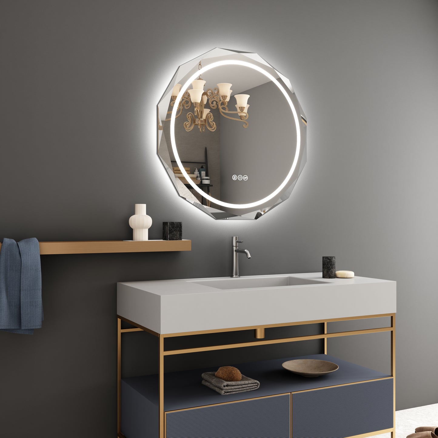 30 in. W x 30 in. H LED Diamond Cut Frameless Anti-Fog Wall Bathroom Circle Mirror Front Light