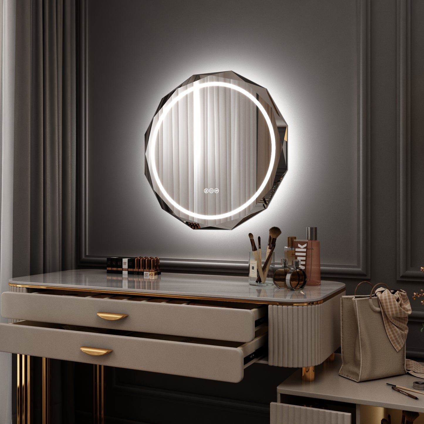 30 in. W x 30 in. H LED Diamond Cut Frameless Anti-Fog Wall Bathroom Circle Mirror Front Light