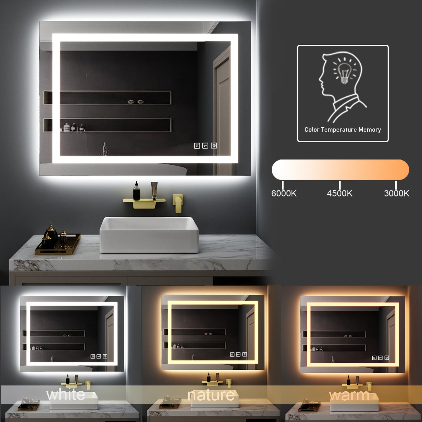 36 in. W x 30 in. H LED Rectangular Frameless Anti-Fog Bathroom Mirror Front Light