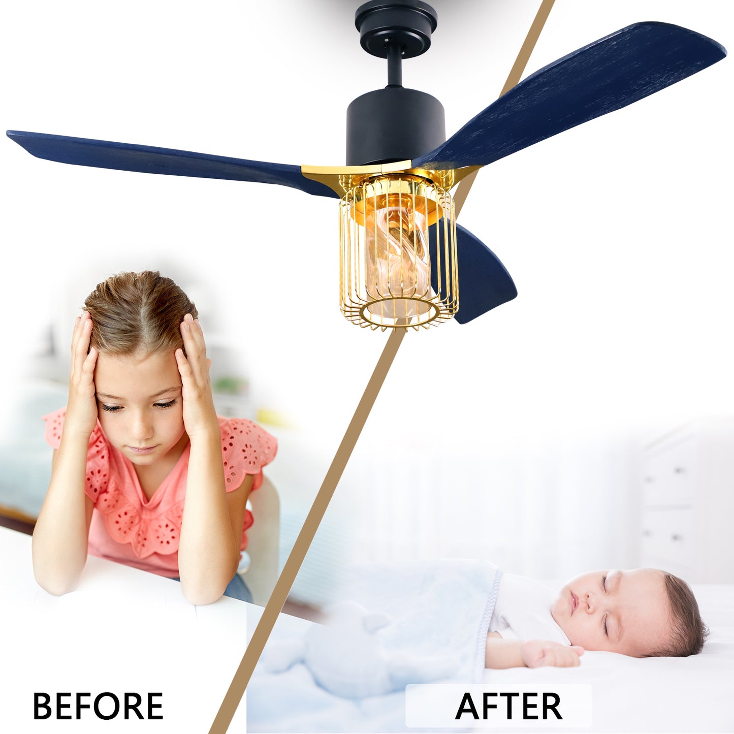 52" Indoor Solid Wood Matte Black Bright Gold Morden Ceiling Fan With Light And Remote Control