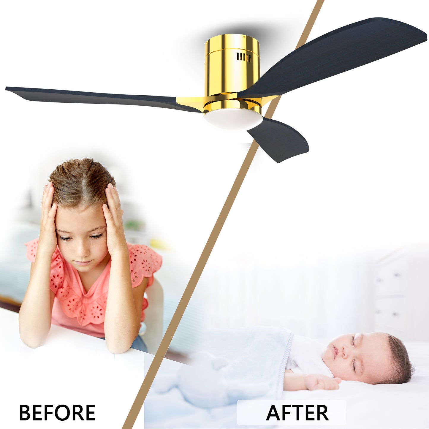 52" Indoor Solid Wood Bright Gold Morden Ceiling Fan With Light With Remote Control