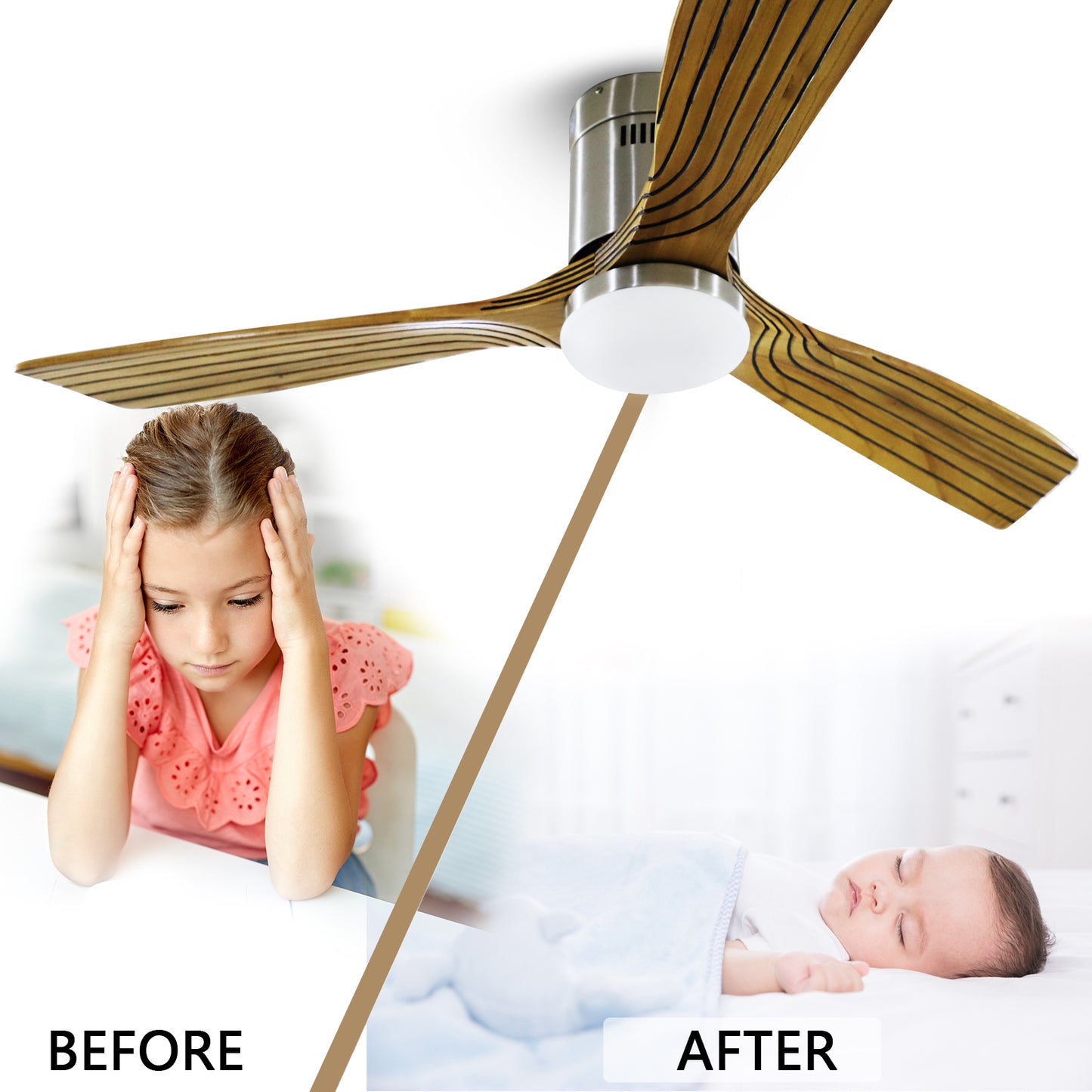 52" Indoor Solid Wood Brushed Nickel Wooden Morden Ceiling Fan With Light With Remote Control