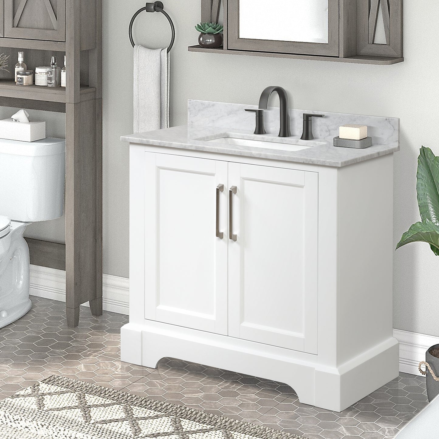 36 Inch Single Solid Wood Bathroom Vanity Set, with Drawers, Carrara White Marble Top, 3 Faucet Hole