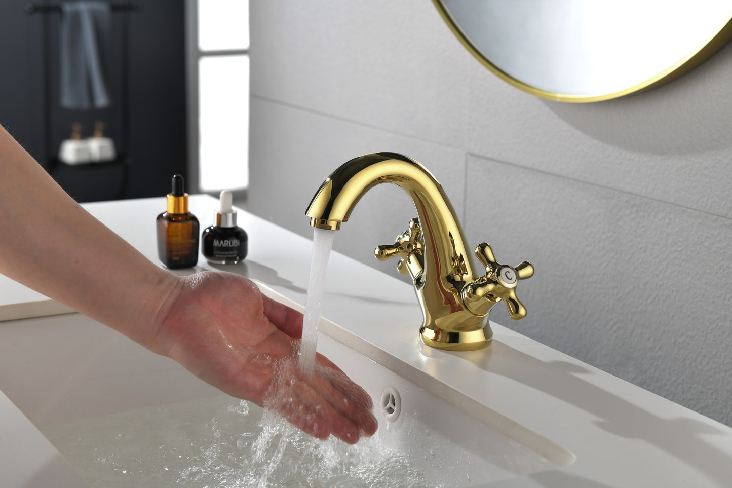 Bathroom Sink Faucet 2 Cross Knobs Gold Polish with Cover Plate Single Hole Vanity Vessel Sink Basin Cold and Hot Water Deck Mounted