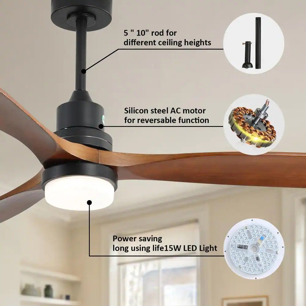 52 in. Integrated LED Indoor Black Ceiling Fan with Light and Remote Include Light Kit Downrod