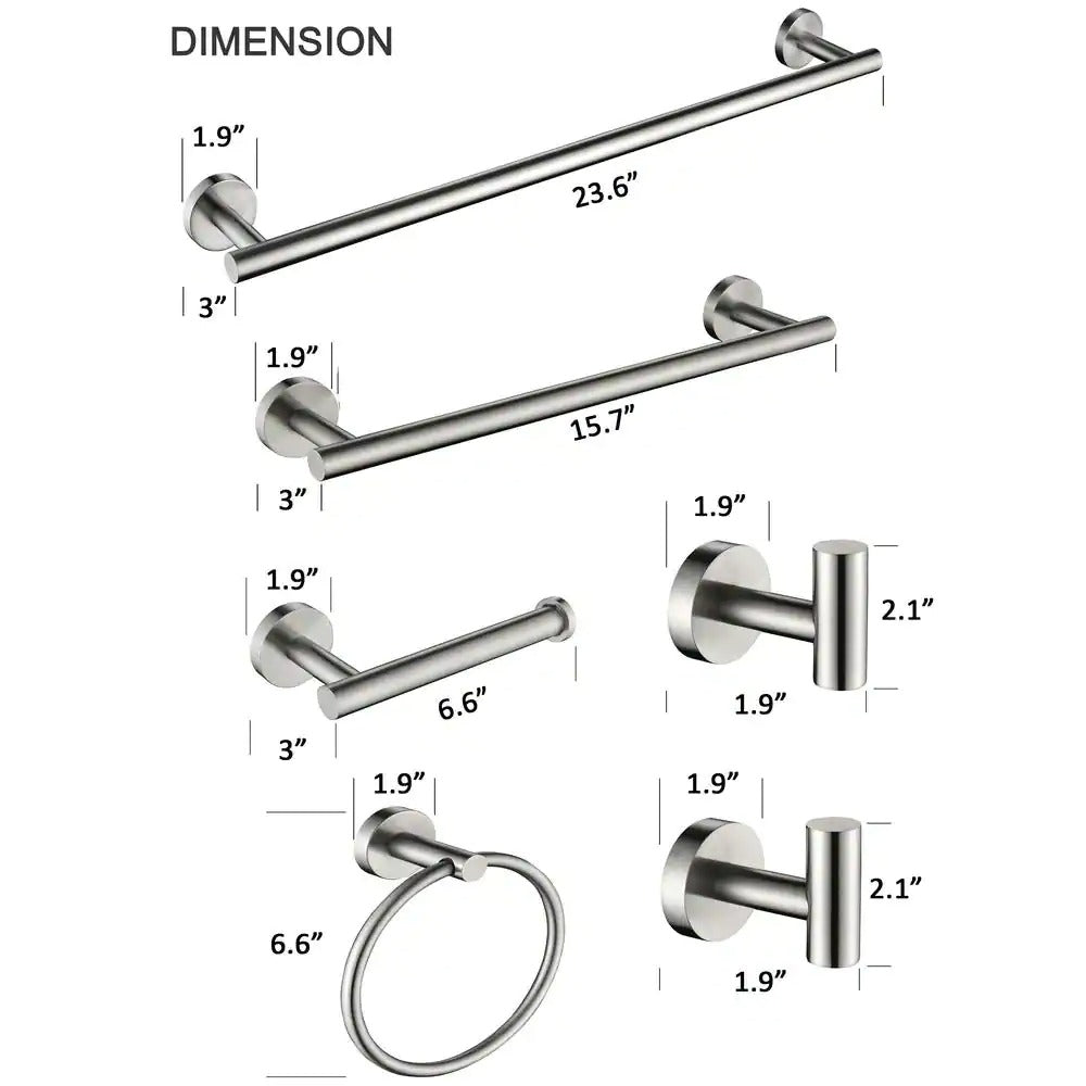 6-Piece Bath Hardware Set, Towel Bar, Toilet Paper Holder, Towel Hook in Brushed Nickel