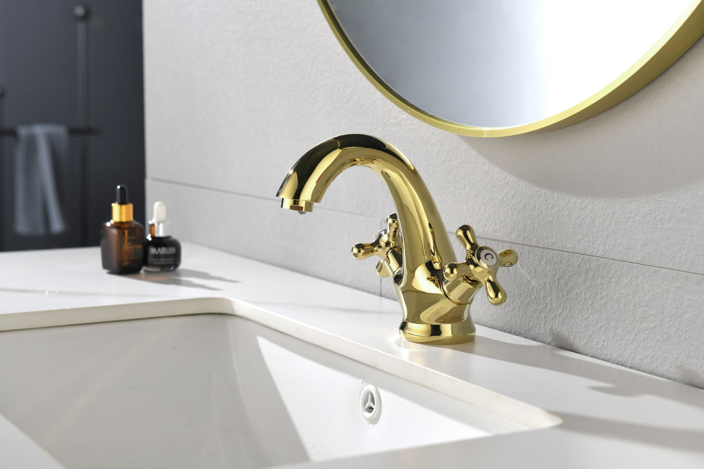 Bathroom Sink Faucet 2 Cross Knobs Gold Polish with Cover Plate Single Hole Vanity Vessel Sink Basin Cold and Hot Water Deck Mounted