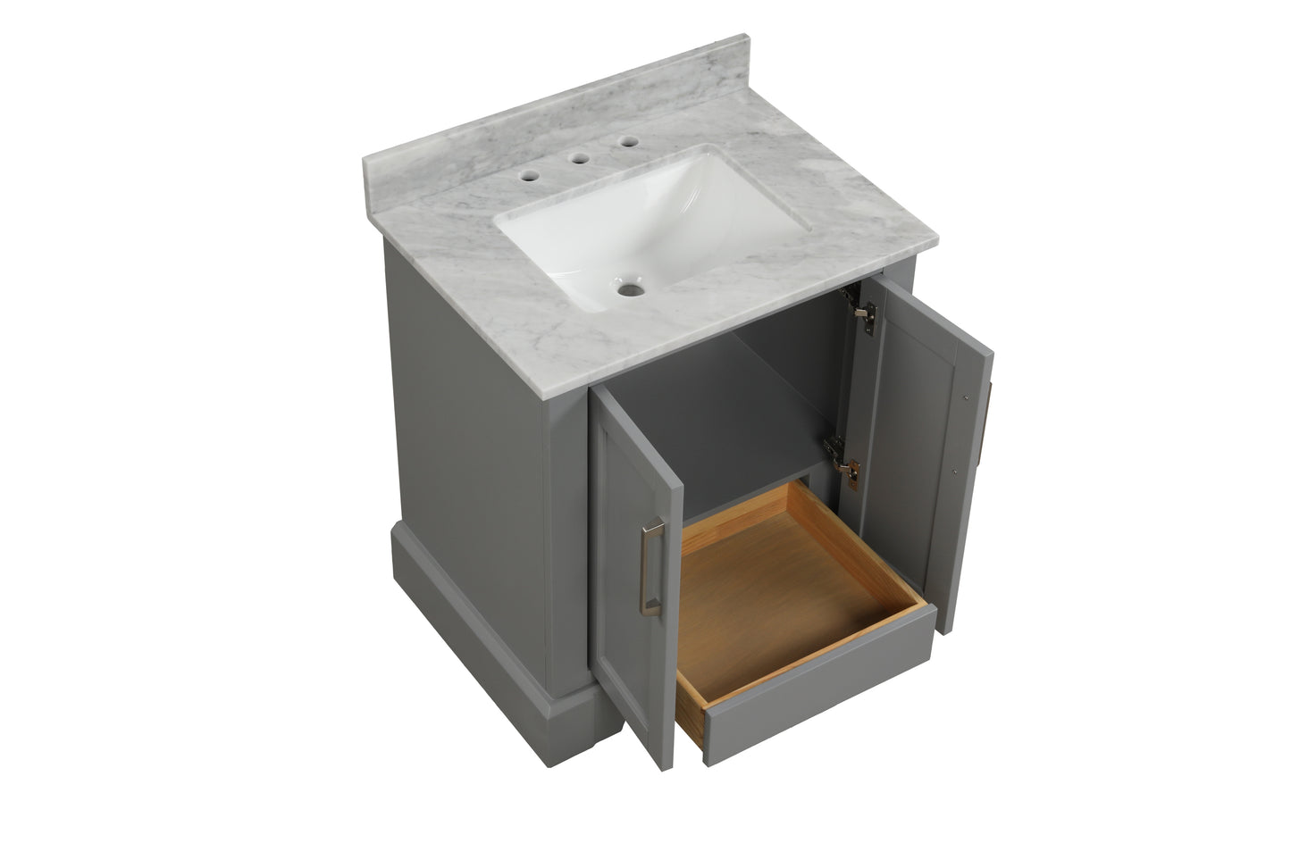 30 Inch Single Solid Wood Bathroom Vanity Set, with Drawers, Carrara White Marble Top, 3 Faucet Hole