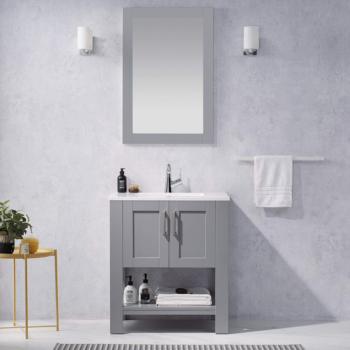 30 Inch Gray Bathroom Vanity with Sink&Cabinet, Modern Bathroom Sink Vanity with Marble Countertop and White Ceramic Sink