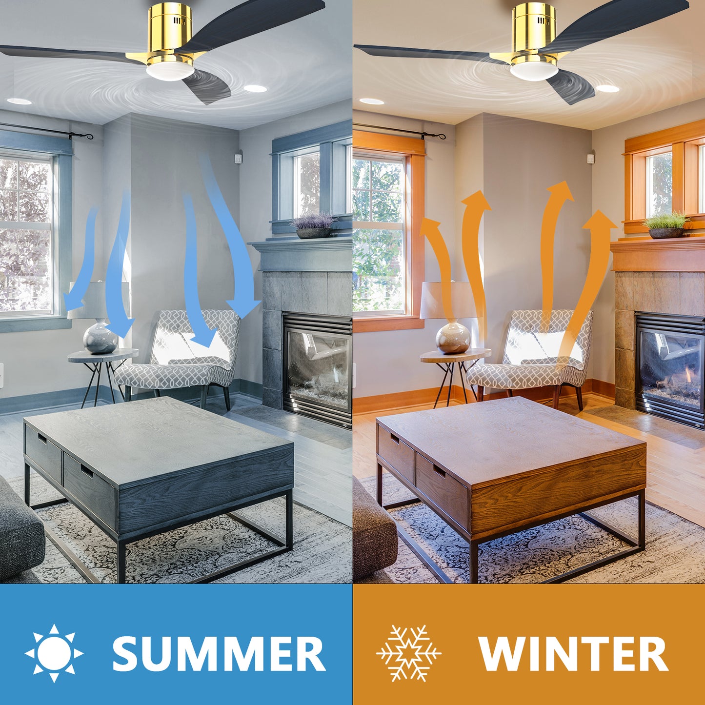 52" Indoor Solid Wood Bright Gold Morden Ceiling Fan With Light With Remote Control