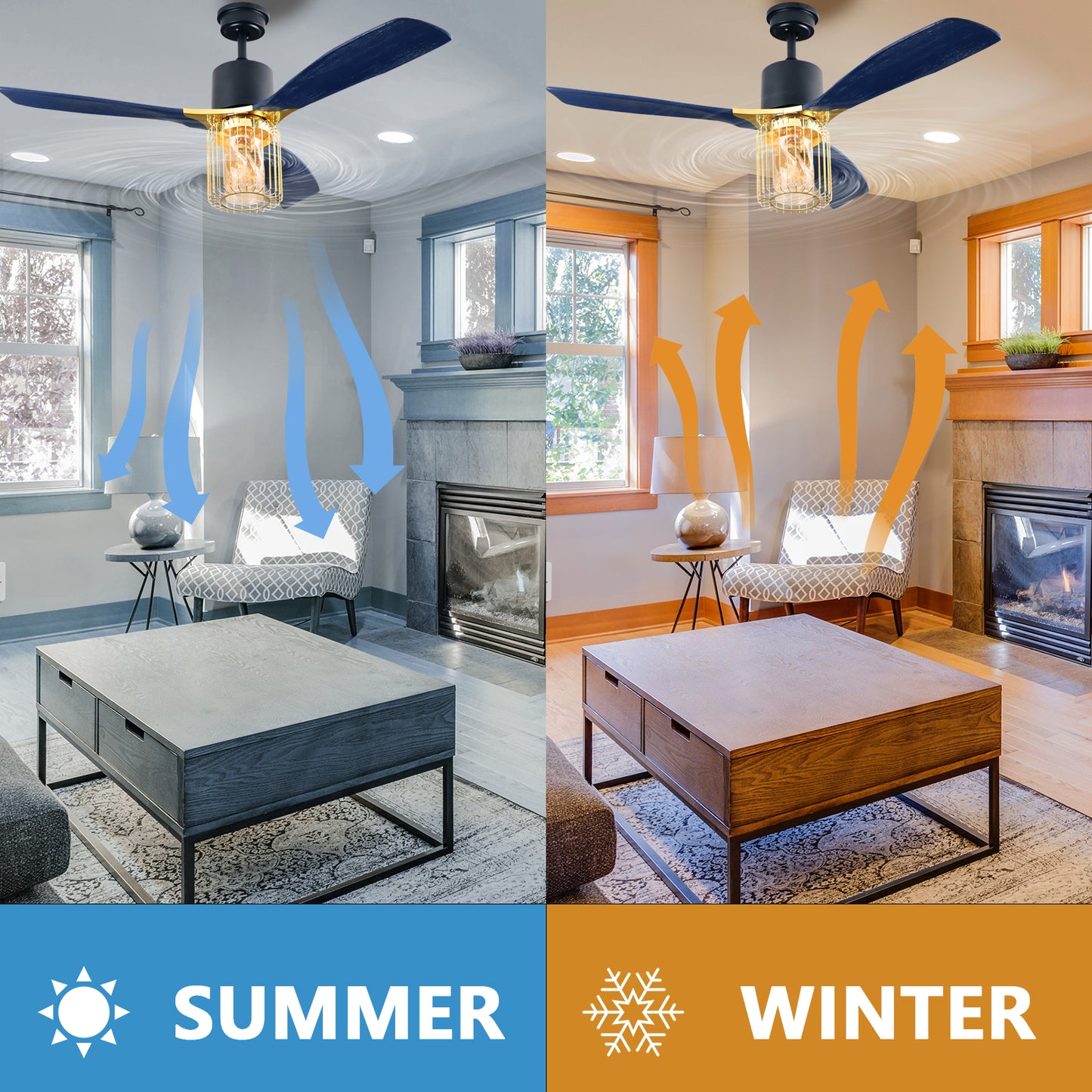 52" Indoor Solid Wood Matte Black Bright Gold Morden Ceiling Fan With Light And Remote Control