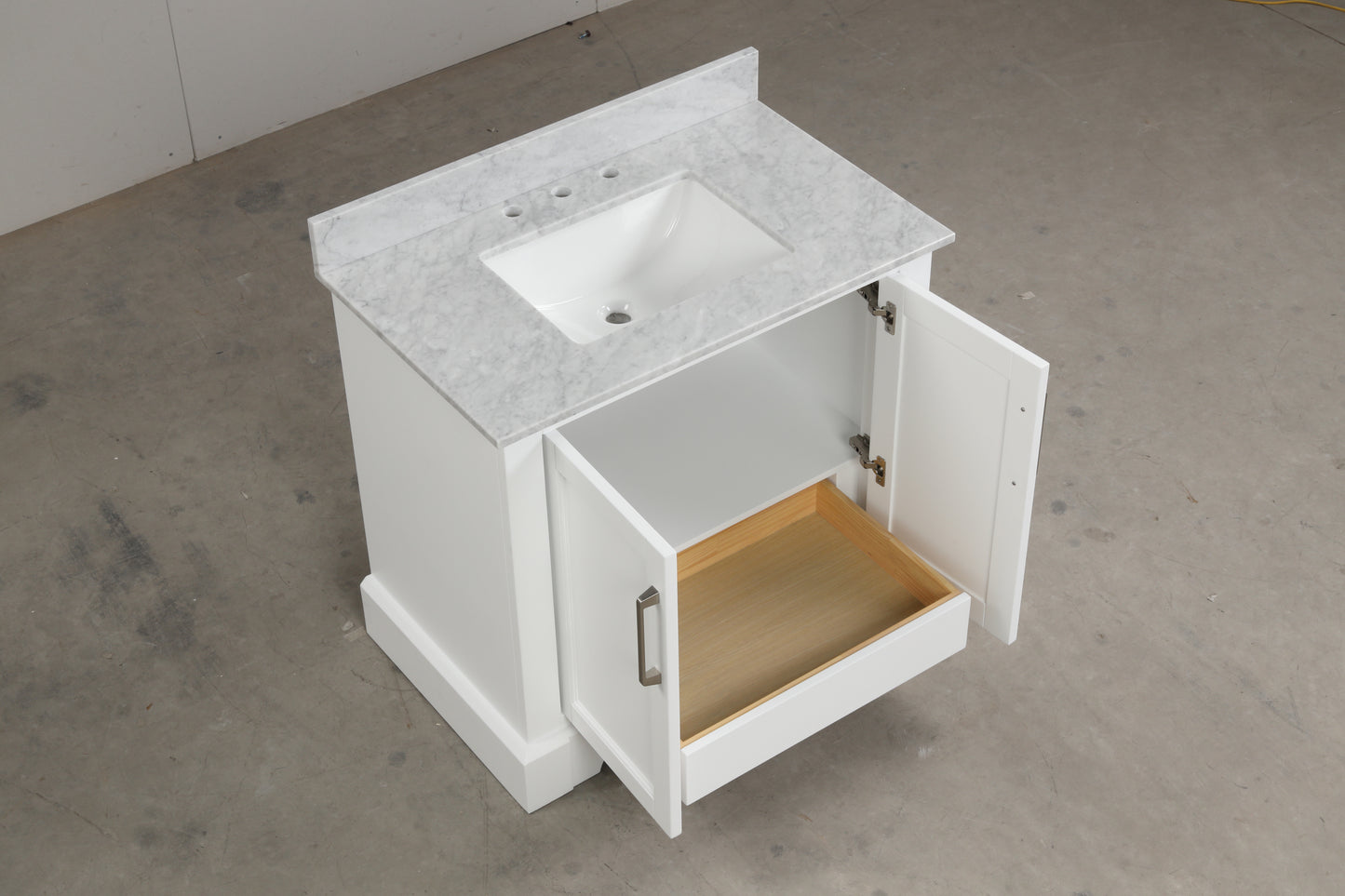 36 Inch Single Solid Wood Bathroom Vanity Set, with Drawers, Carrara White Marble Top, 3 Faucet Hole