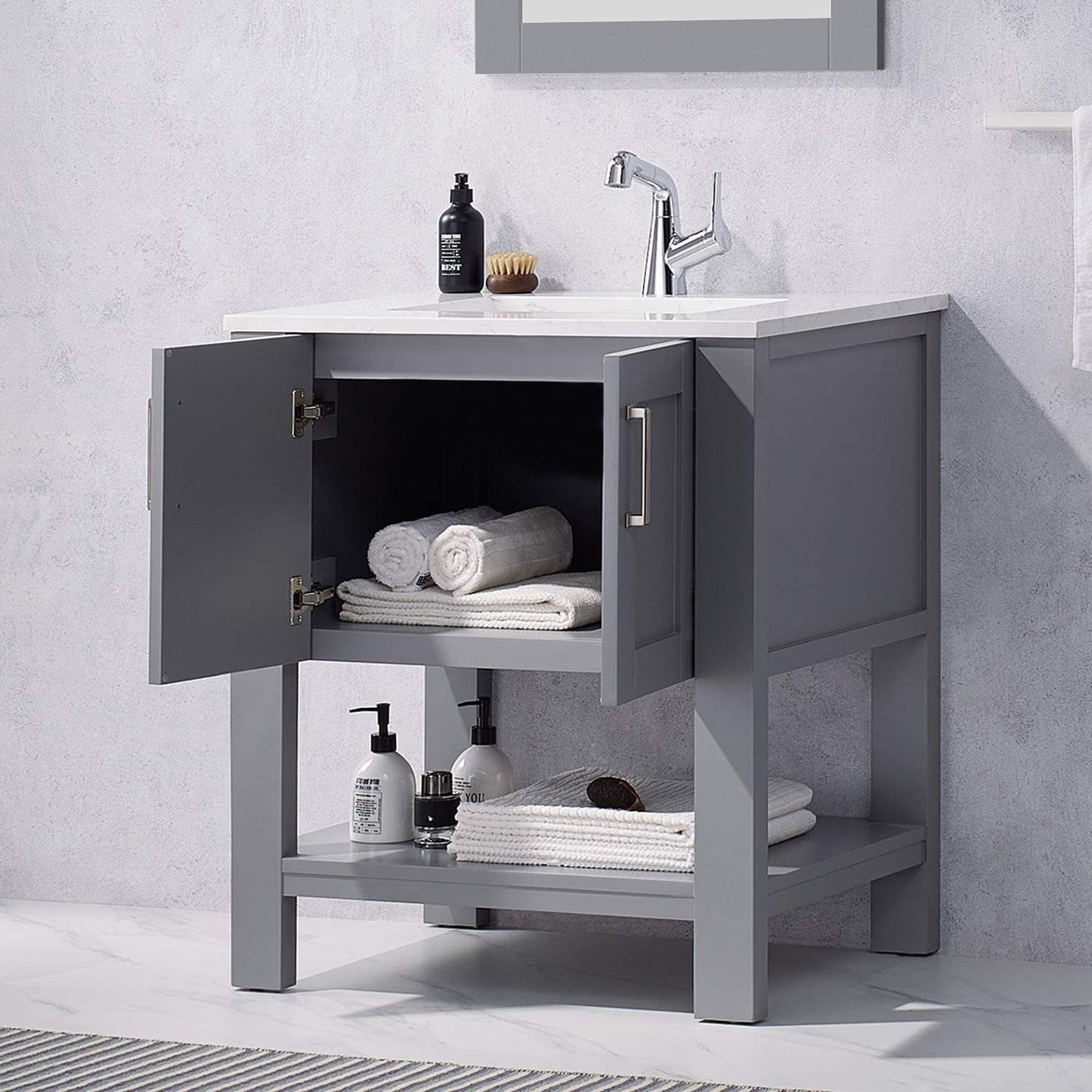 30 Inch Gray Bathroom Vanity with Sink&Cabinet, Modern Bathroom Sink Vanity with Marble Countertop and White Ceramic Sink