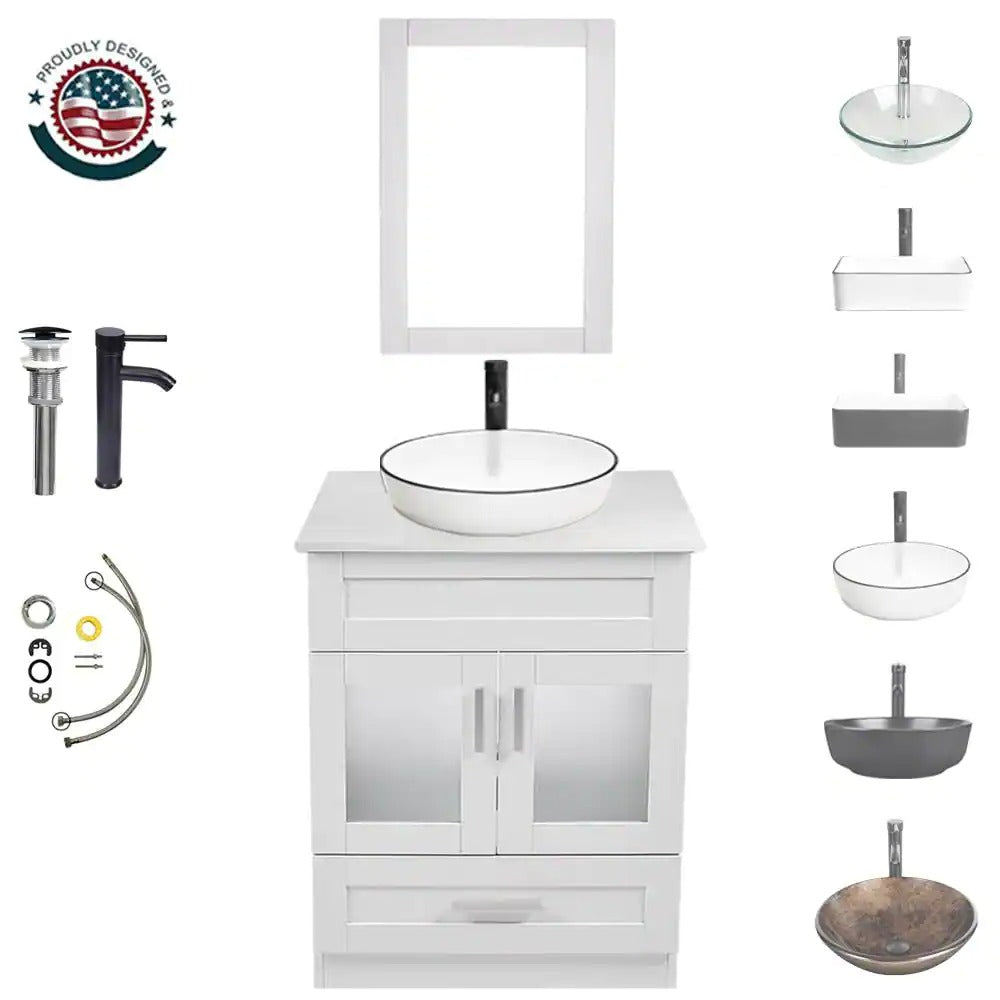 24 in.W x 19 in.D x 32.3 in.H White Wooden Minimalist Bath Cabinet with Round White Ceramic Sink, Faucet, Mirror