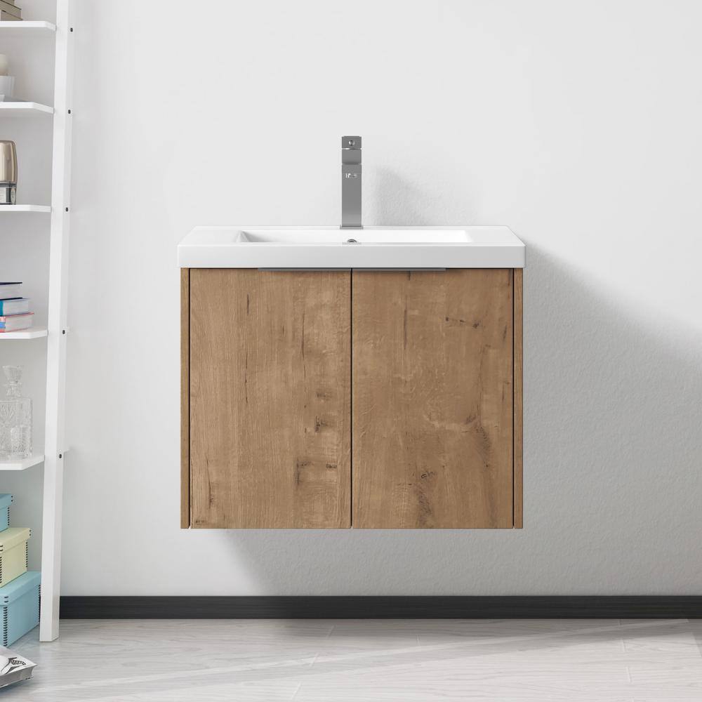 30 in. W x 18 in. D x 19 in. H Bathroom Vanity Cabinet in Light Brown with White Ceramic Top