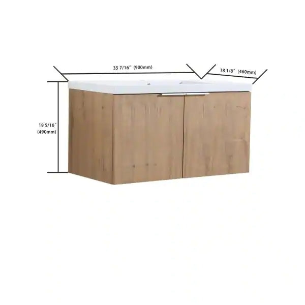 36 in. W x 18 in. D x 19 in. H Bathroom Vanity Cabinet in Light Brown with White Ceramic Top