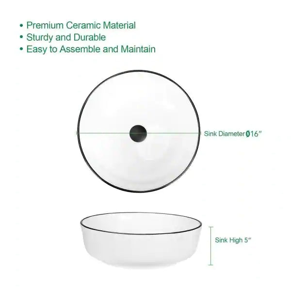 Ceramic Round Vessel Sink in White with Faucet