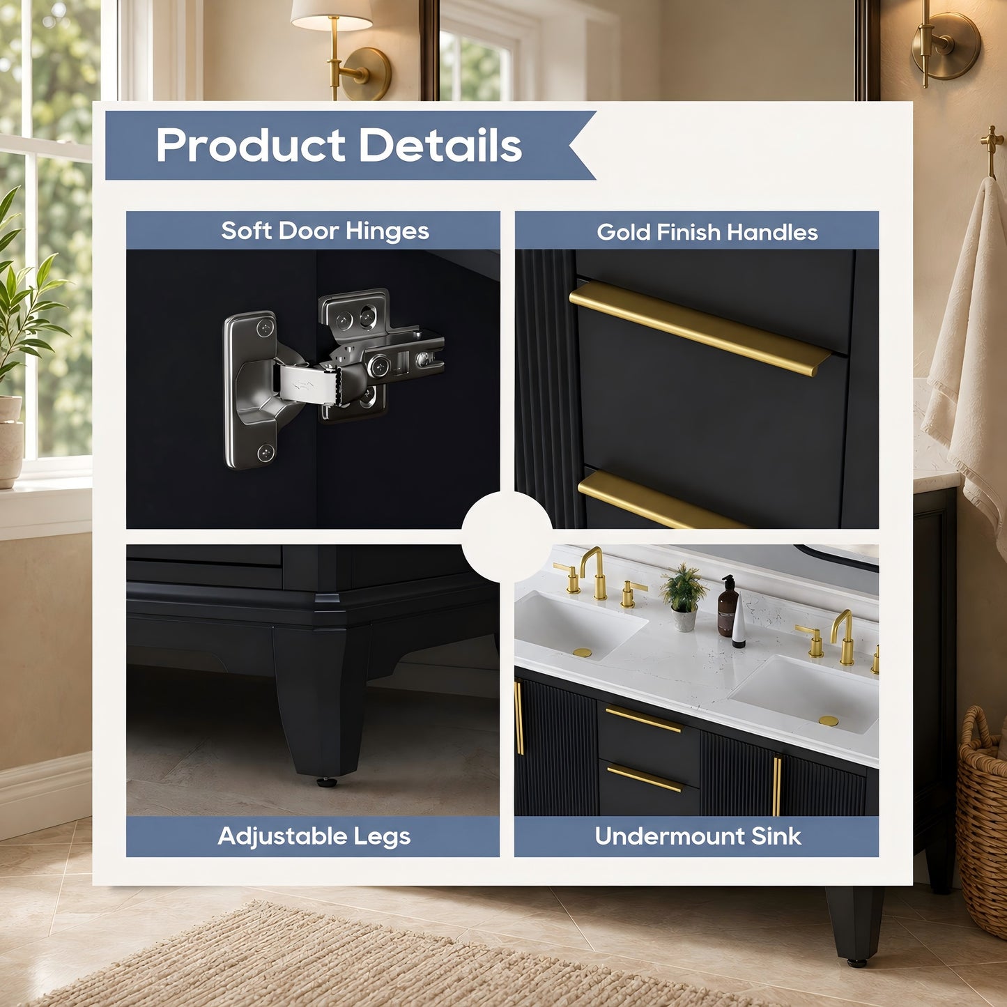 60" Black Fluted Double Sink Bathroom Vanity with White Engineered Stone Top, Dovetail Drawers, Soft-Close Doors & Fully Assembled