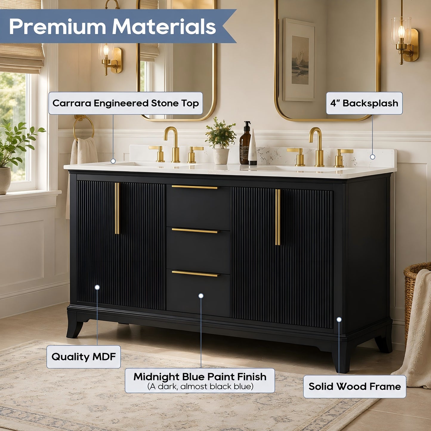 60" Black Fluted Double Sink Bathroom Vanity with White Engineered Stone Top, Dovetail Drawers, Soft-Close Doors & Fully Assembled
