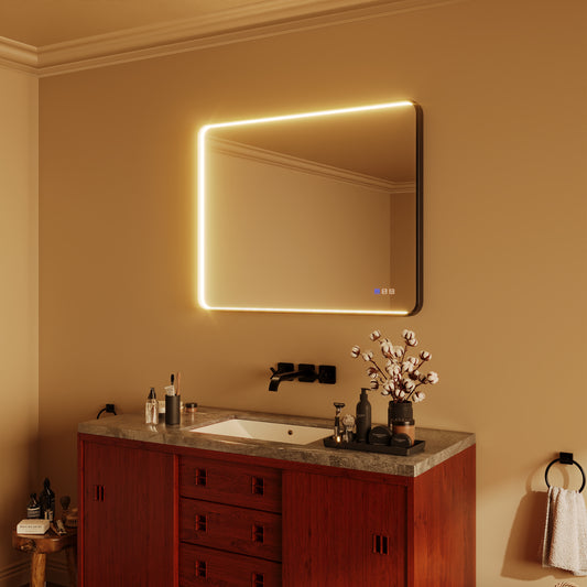 TOOLKISS® Rectangular Black Framed Anti-Fog LED Wall Bathroom Vanity Mirror with Front Light