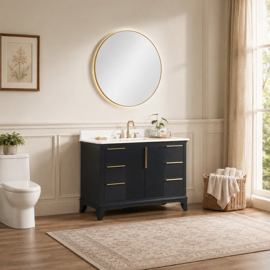 48" Black Fluted Bathroom Vanity with Carrara White Solid Surface Top, Undermount Sink, Solid Wood Frame, 6 Drawers & Fully Assembled