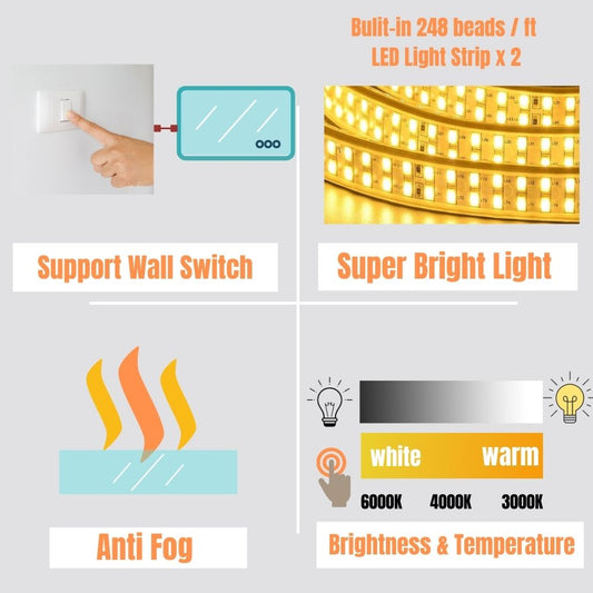 94 in. W x 48 in. H Customized LED Rectangular Frameless Anti-Fog Bathroom Mirror Front & Backlit Light (8-12 weeks)