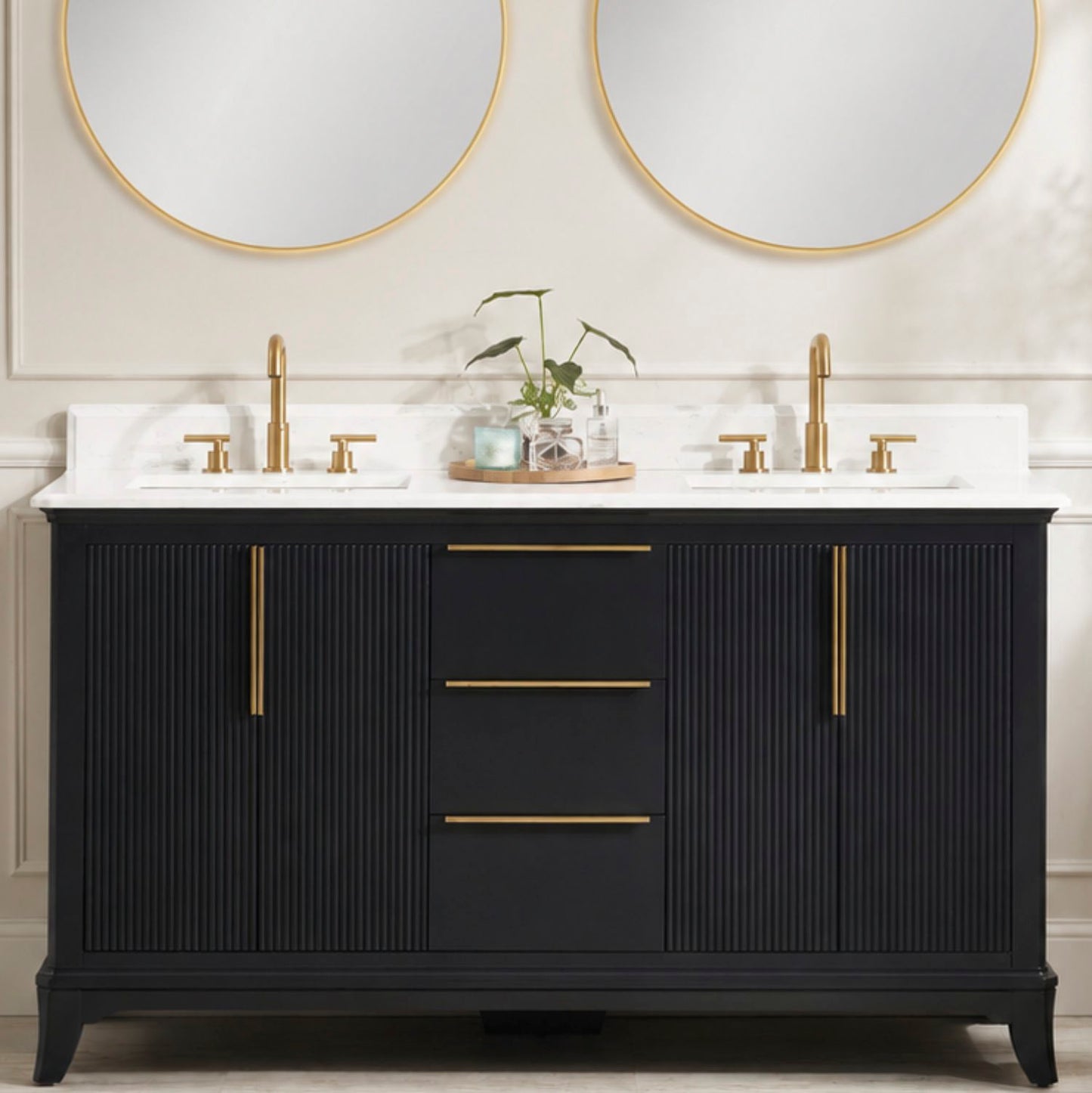 60" Black Fluted Double Sink Bathroom Vanity with White Engineered Stone Top, Dovetail Drawers, Soft-Close Doors & Fully Assembled