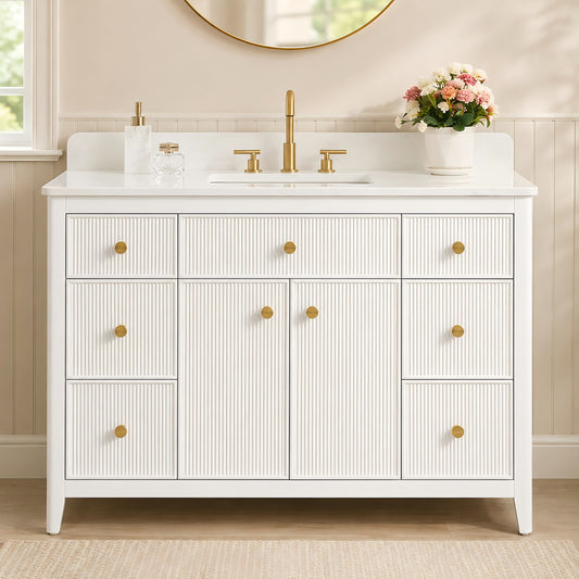 48" White Fluted Bathroom Vanity with Carrara White Engineered Stone Top, Undermount Sink, Solid Wood Frame, Soft-Close Doors, 7 Drawers & Fully Assembled