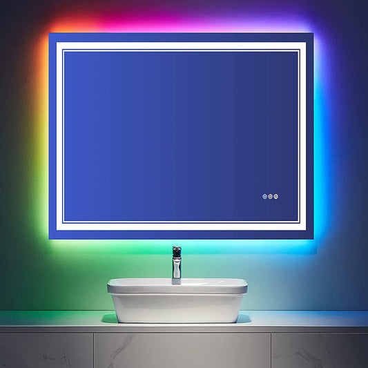 48 in. H x 36 in. W Led Large Rectangular RGB Anti-Fog Bathroom Mirror Front & Backlit