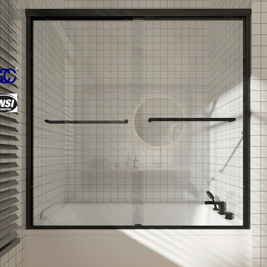Toolkiss Semi Frameless Sliding Tub Shower Door 56’’ to 60’’ W x 58’’ H, Matte Black